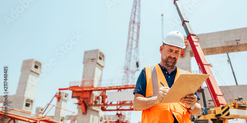 Obraz na płótnie Construction site with engineer clipboard