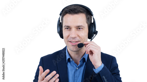 Friendly Male Call Center Agent with Headset Explaining Service on Transparent Background