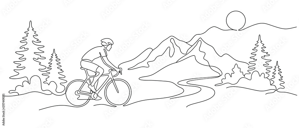 Fototapeta premium Continuous one line drawing of a cyclist riding a road bike on a mountain landscape with pine trees and sun in the background