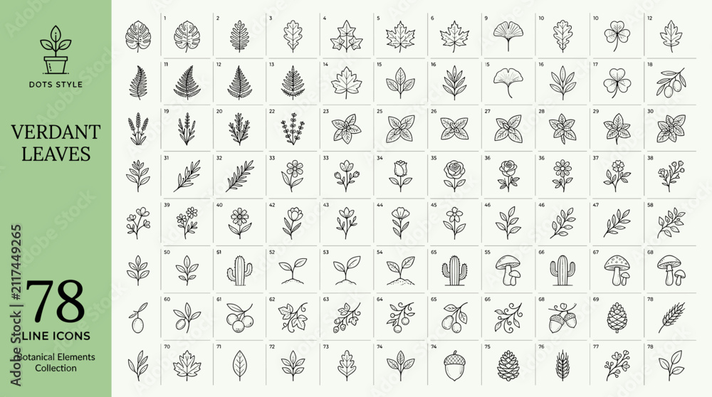 Fototapeta premium Verdant Leaves Large Dots Style Line Icon Set with 78 Botanical Leaf Shapes, Foliage Symbols and Nature Elements Vector Illustration
