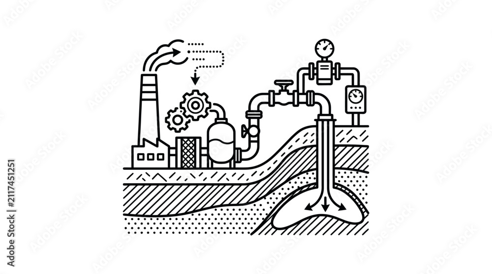 Obraz premium Modern Black and White of Industrial Fracking Process with Factory Pipelines and Extraction Well