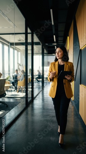 Confident Businesswoman Striding Through Modern Office Corridor Holding Tablet