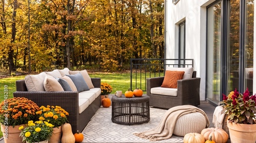 Cozy outdoor seating area with pumpkins and autumn flowers, surrounded by colorful fall foliage in a residential backyard setting