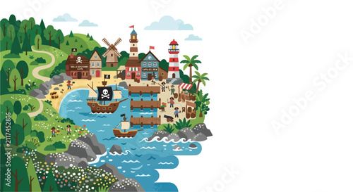 Foto This vibrant vector image depicts a lively pirate bay with sailing ships, a lighthouse, and characters on a scenic coastal landscape
