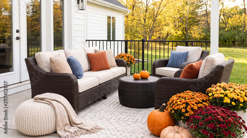 Cozy outdoor seating area with wicker furniture, decorative pumpkins, and colorful flowers, set against a backdrop of autumn foliage