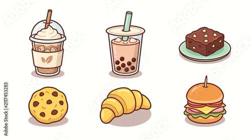 Cute cafe food and beverage icon set with boba tea burger croissant
