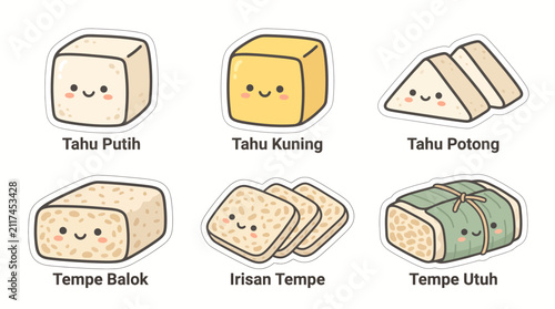 Cute Kawaii Indonesian Tofu and Tempeh Food Sticker Set Illustrations