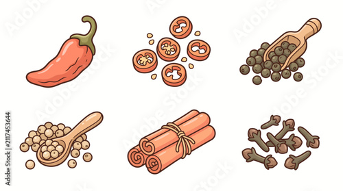 Set of hand drawn spice and herb illustrations including chili pepper cinnamon cloves and peppercorns.