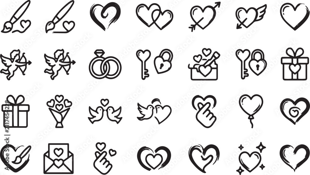 Fototapeta premium Collection of romantic valentine day icons with hearts, brushes, and love symbols.