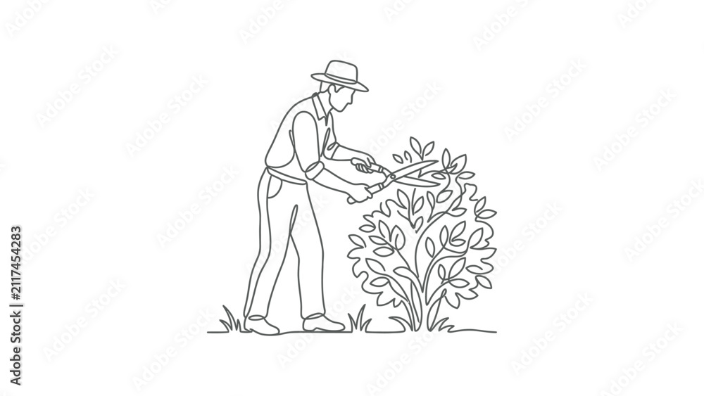 Obraz premium Line drawing of a gardener trimming a bush.