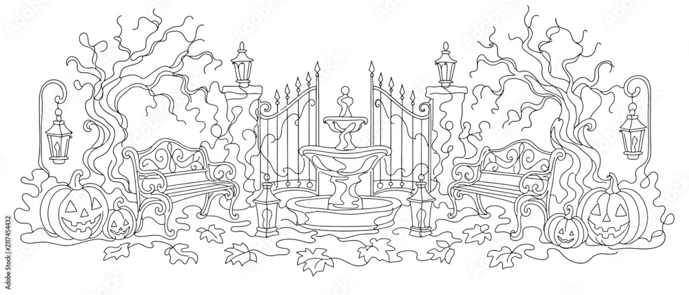 Fototapeta premium Halloween garden scene with a fountain, wrought iron gates, benches, spooky trees, and jackolanterns, black and white line art illustration