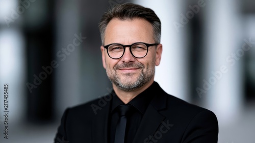 Professional middle aged businessman wearing glasses and black suit portrait for corporate profile picture and leadership branding