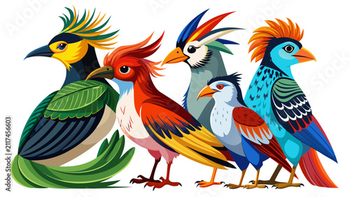 Collection of stylized exotic bird characters featuring bright plumage and creative design elements