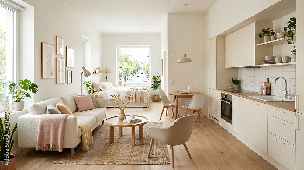Fototapeta premium Modern living room with neutral color scheme and natural lighting.