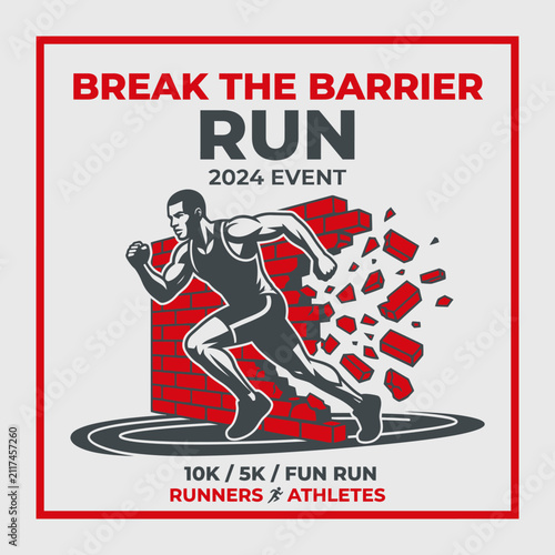 Dynamic Runner Breaking Through A Brick Barrier In A Motivational Race Event