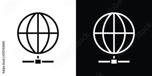 Line-art globe grid icon attached to a network connection hub. Black and white vector design representing worldwide web infrastructure, global connectivity, and digital networking.