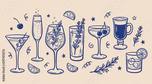 Assorted elegant cocktails in glassware with garnishes on a beige background with a minimalist hand-drawn style