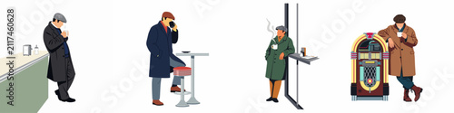 Konstfotografi Set of flat vector illustrations of stylish men in overcoats and flat caps drinking hot coffee in various vintage cafe and bar settings