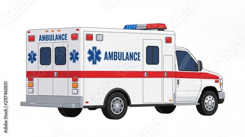 Detailed white ambulance vehicle with red stripes and blue emergency lights parked on white background