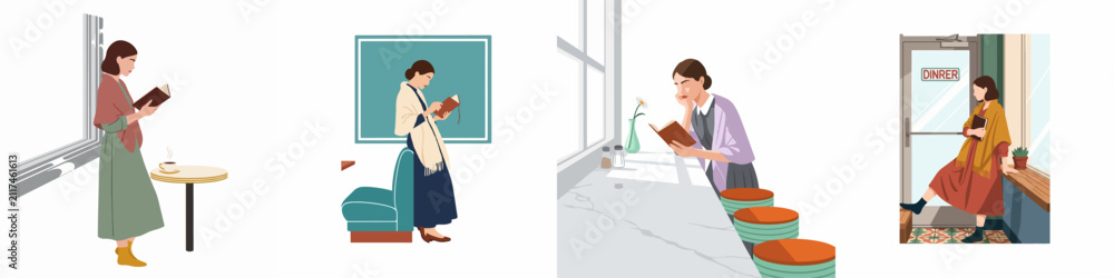 Obraz premium Flat Illustration Set of a Young Woman Reading Books in Various Cozy Interior Settings Like Cafes, Diners, and Home Environments