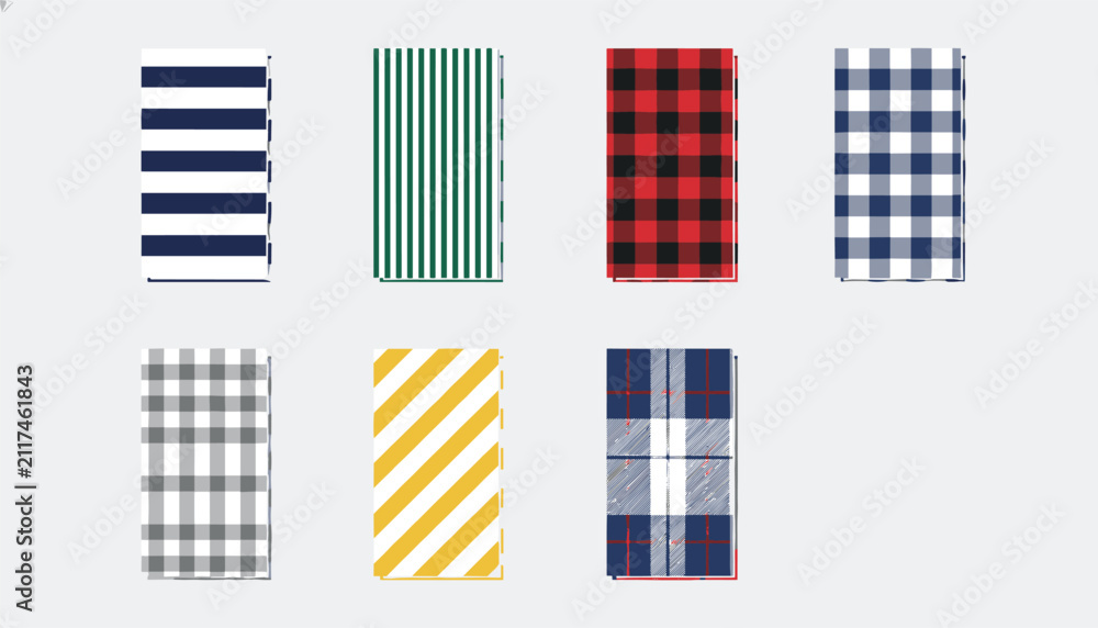 Fototapeta premium Set of seven fabric pattern swatches featuring stripes, plaid, gingham, and checkerboard designs in various colors.