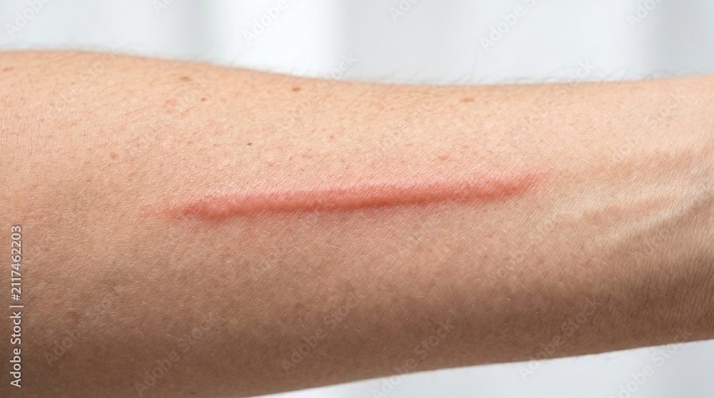 Fototapeta premium Macro view of a raised reddish hypertrophic scar or irritated keloid on human arm skin