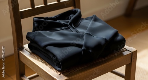 Folded dark blue or black hoodie sweatshirt neatly resting on a wooden chair indoors in natural daylight