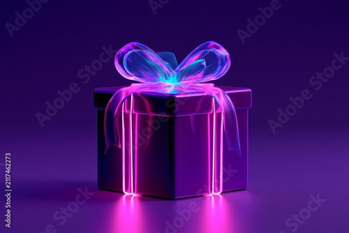 Neon Gift Box with Glowing Ribbon on Dark Purple Background