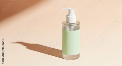 Minimalist glass cosmetic pump bottle with blank green label on a beige surface with soft shadow for branding mockup