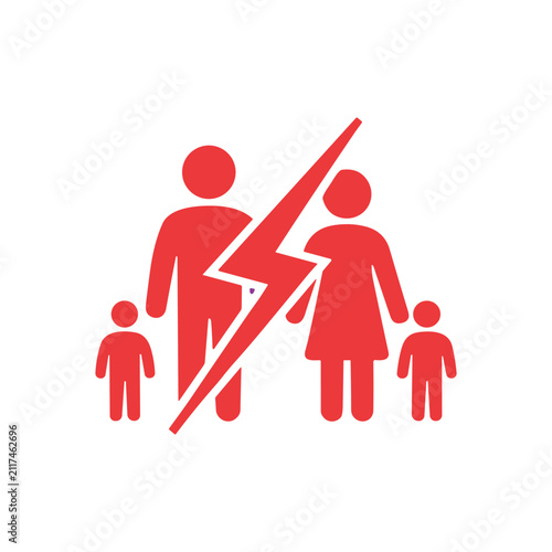 Red icon of a family separated by a lightning bolt