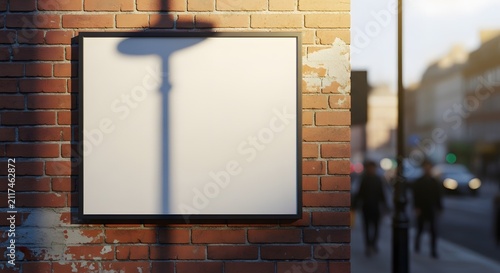 Blank square sign mockup on an old brick wall in a European city street at sunset
