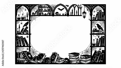 Obraz na płótnie Halloween border Gothic Halloween border with mystical library elements, spooky