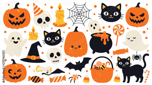 Fotografie Cute halloween doodle set with pumpkins cats ghosts skulls bats and candy elemen