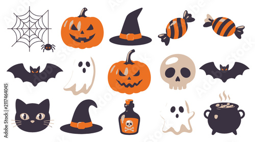 Foto Set of cute halloween icons with pumpkins ghost bat skull cat and candy Vector