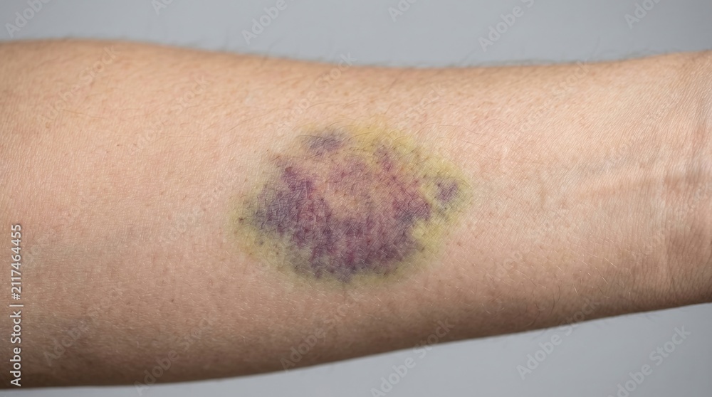 Fototapeta premium Close-up of a large purple and yellow bruise on a human forearm showing healing stages of hematoma and contusion.