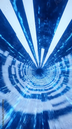 Abstract tunnel perspective with radial blue and white stripes and a central dark void