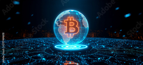 Blue Violet Blockchain Background with Bitcoin, Digital Currency, Hologram Globe and Global Financial Technology Network Concept.