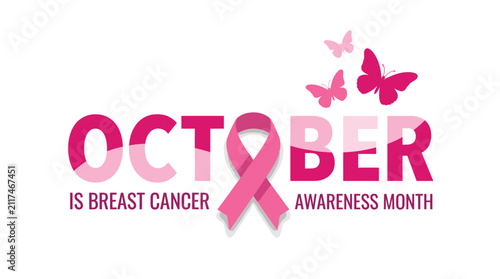October breast cancer awareness month text design with pink ribbon and butterflies Vector