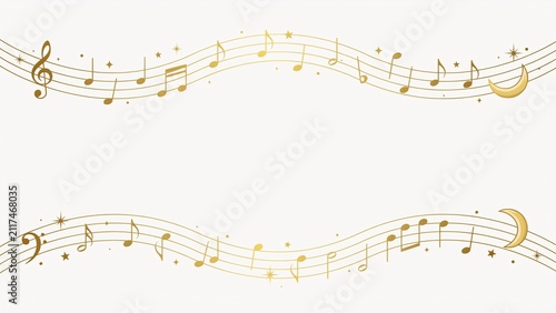 Golden musical staff borders with notes, stars, and crescent moons