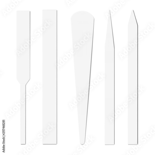 Blank white perfume tester paper strip. Realistic vector mockup set. Disposable fragrance test strips. Mock-up kit. Aroma scent testing sample blotter. Template for design