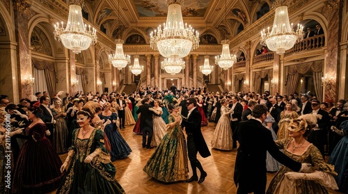 People dancing at a masquerade ball. Guests in vintage costumes at a luxury gala event.