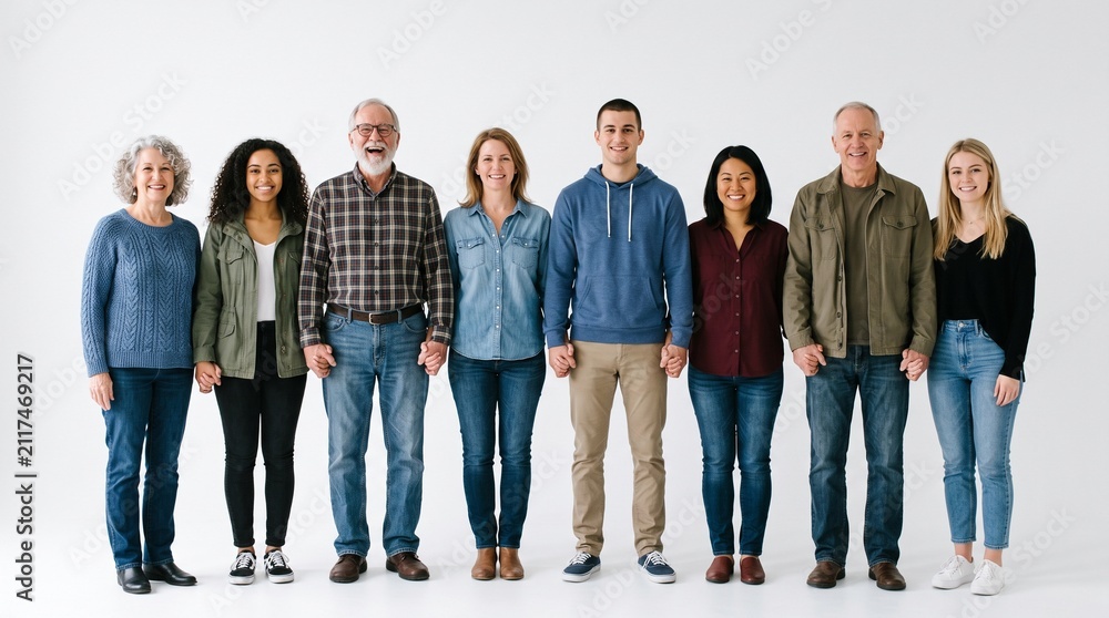 Obraz premium Diverse group of people of different ages and ethnicities holding hands in unity and support