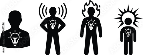 Set of human icons with light bulb in chest representing ideas, inspiration, and creativity