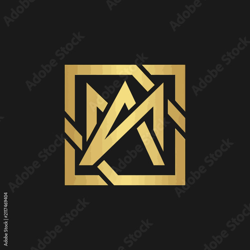 Elegant Geometric Golden Monogram Letter A In Square Frame on Black Minimalist Luxury Business