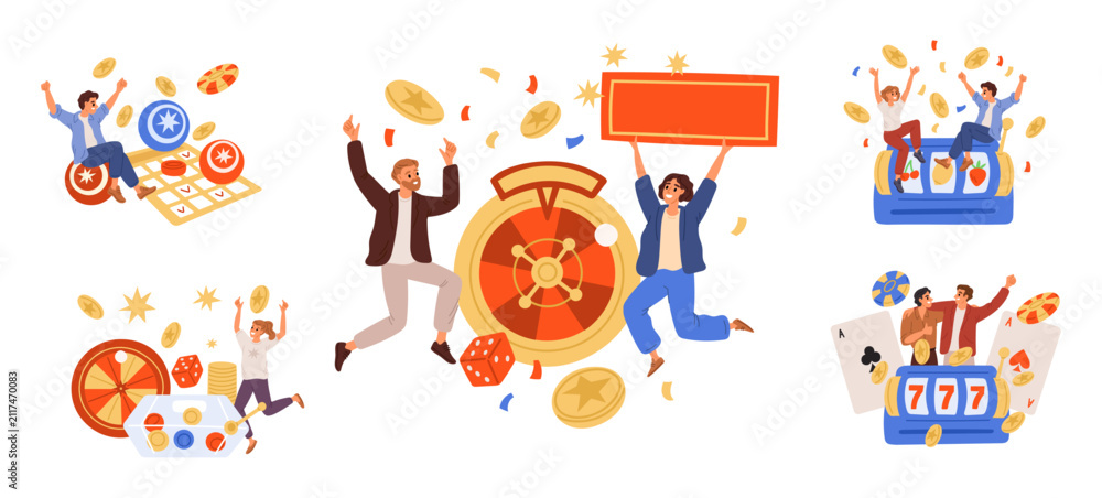 Fototapeta premium Gambling enthusiasts. Fortune favorites. Winners happy with casino winnings. People betting. Roulette jackpot. Slot machines bingo. Lottery games victory. Successful gamblers vector set
