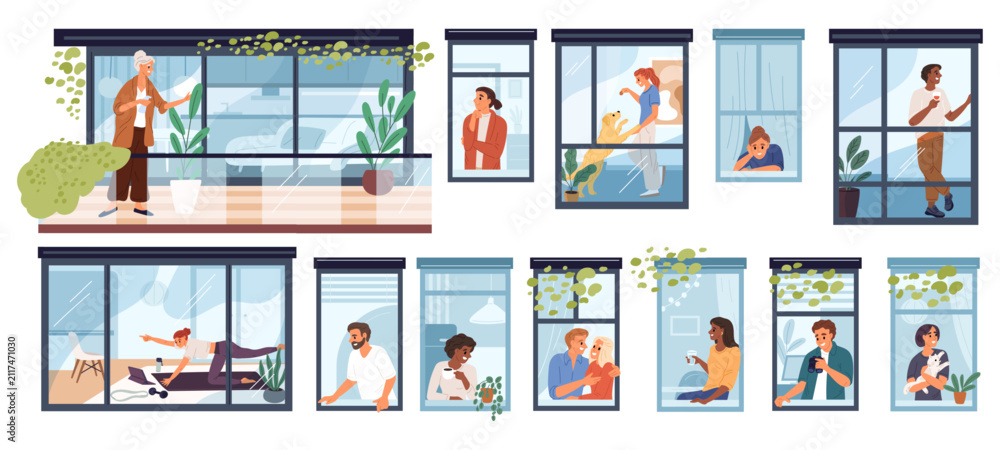 Obraz premium People at open windows. Neighbors in apartments going about business. View through glass. Building terraces. Woman sitting at windowsill. Man caring of plants. Housemates vector set