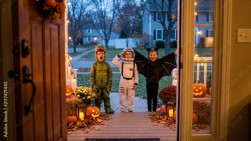 Obraz premium Three kids dressed as a dinosaur astronaut and bat standing on a decorated front porch for Halloween