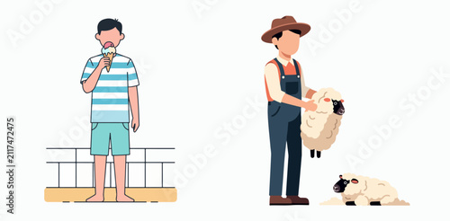 City man eating ice cream while farmer holds sheep contrasting lifestyles