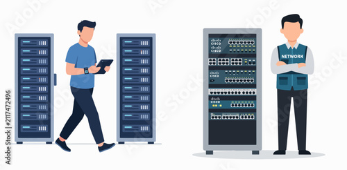 Network engineer inspecting Cisco server racks with tablet and network specialist