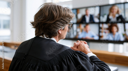 Over the shoulder rear view of a judge in black robe presiding over a virtual court hearing with multiple participants displayed on large wall mounted digital screens bright
